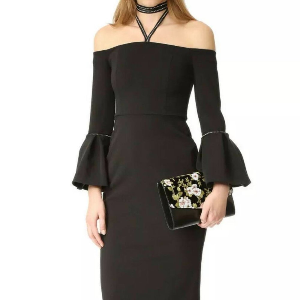 $693 ALEXIS "AMELIE" BLACK OFF SHOULDER BELL SLEEVE FITTED MIDI DRESS S SMALL